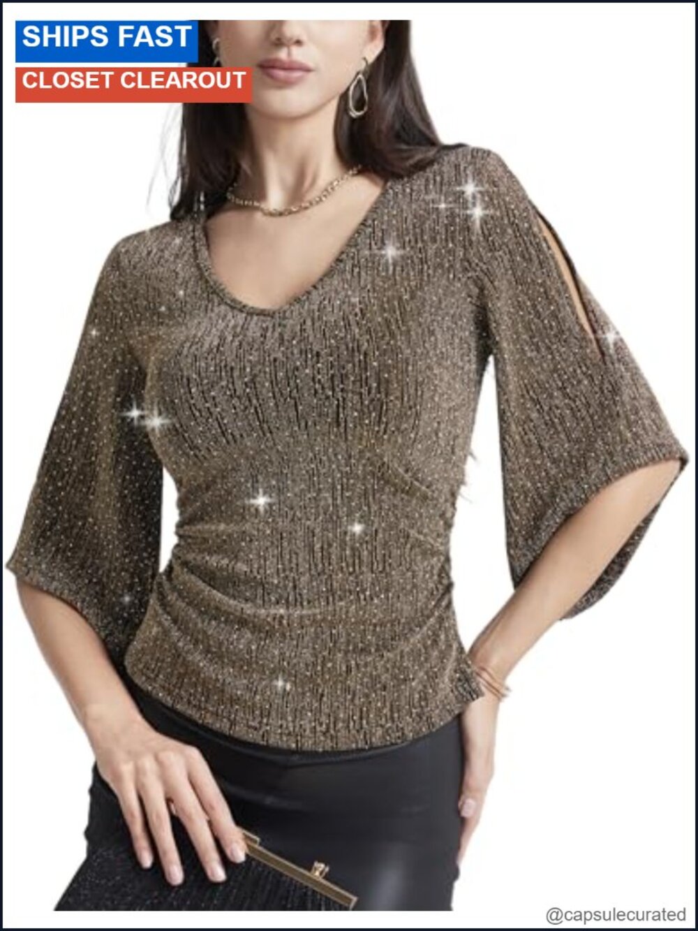 Women's Metallic Fiber Shimmer Blouse 3/4 Sleeve Sparkly Top Party